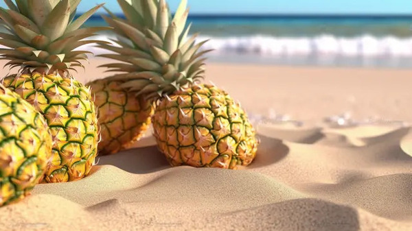 Fresh cut pineapple and tropical fruit on a light surface